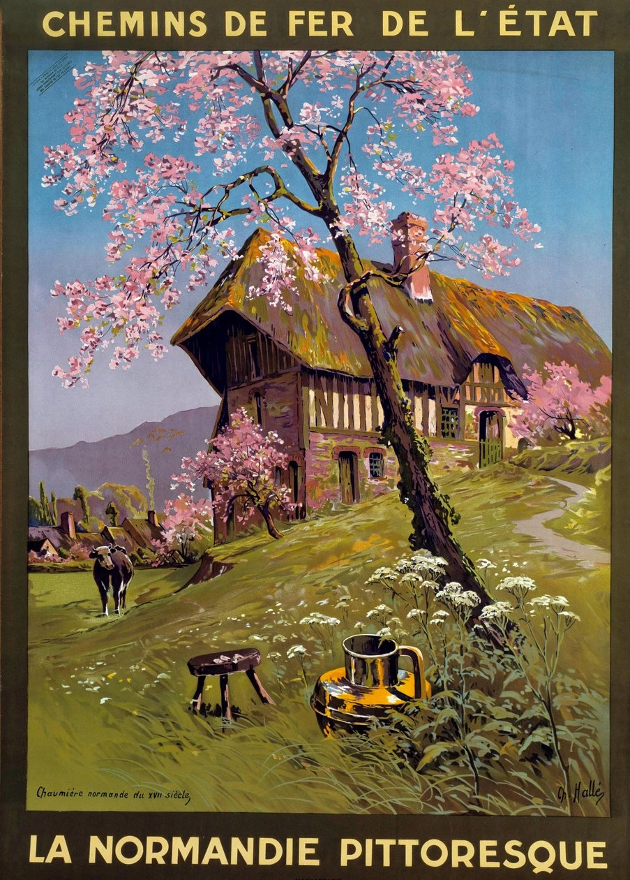 Poster per le Ferrovie dello Stato - Normandia pittoresca, cottage del XVII secolo nella campagna normanna
